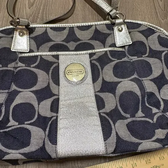 Coach Signature Stripe Gallery Shoulder Bag Navy Jacquard Silver Trim F17948 - Picture 7 of 13